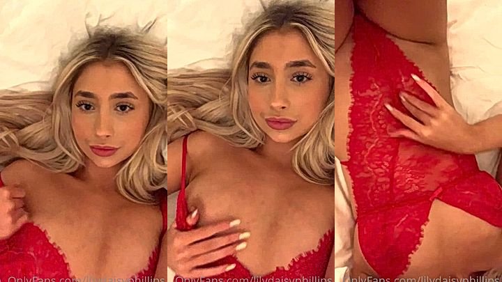 blonde babe Lillian Phillips teasing her hot body in her red lingerie
