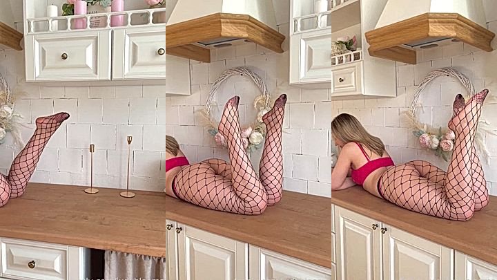 naughty blonde babe Judy Blooms fishnet stockings on the kitchen counter