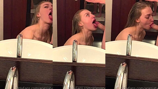 Ari Baby sucking a cock in the bathroom mirror
