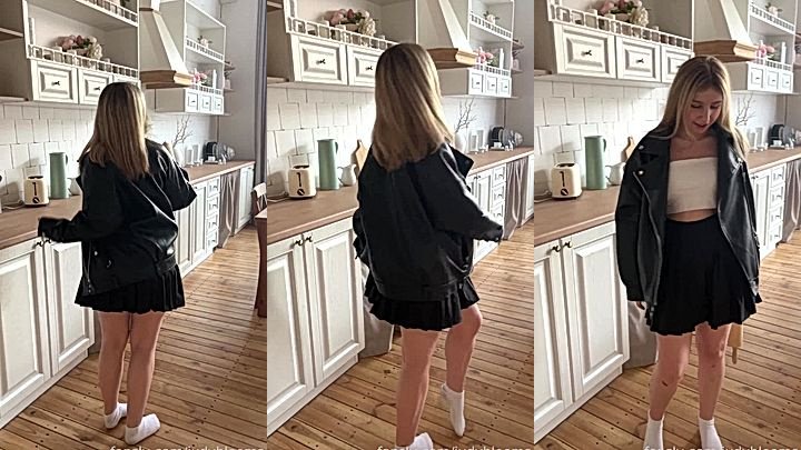blonde babe Judy Blooms in her new leather jacket