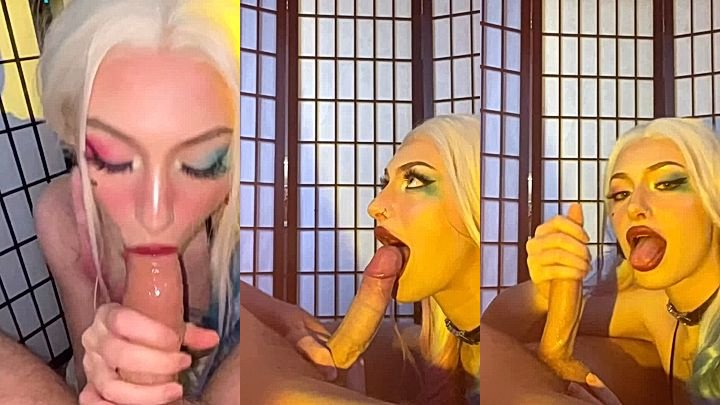 hot babe Ari Baby giving a big cock a blowjob on her knees