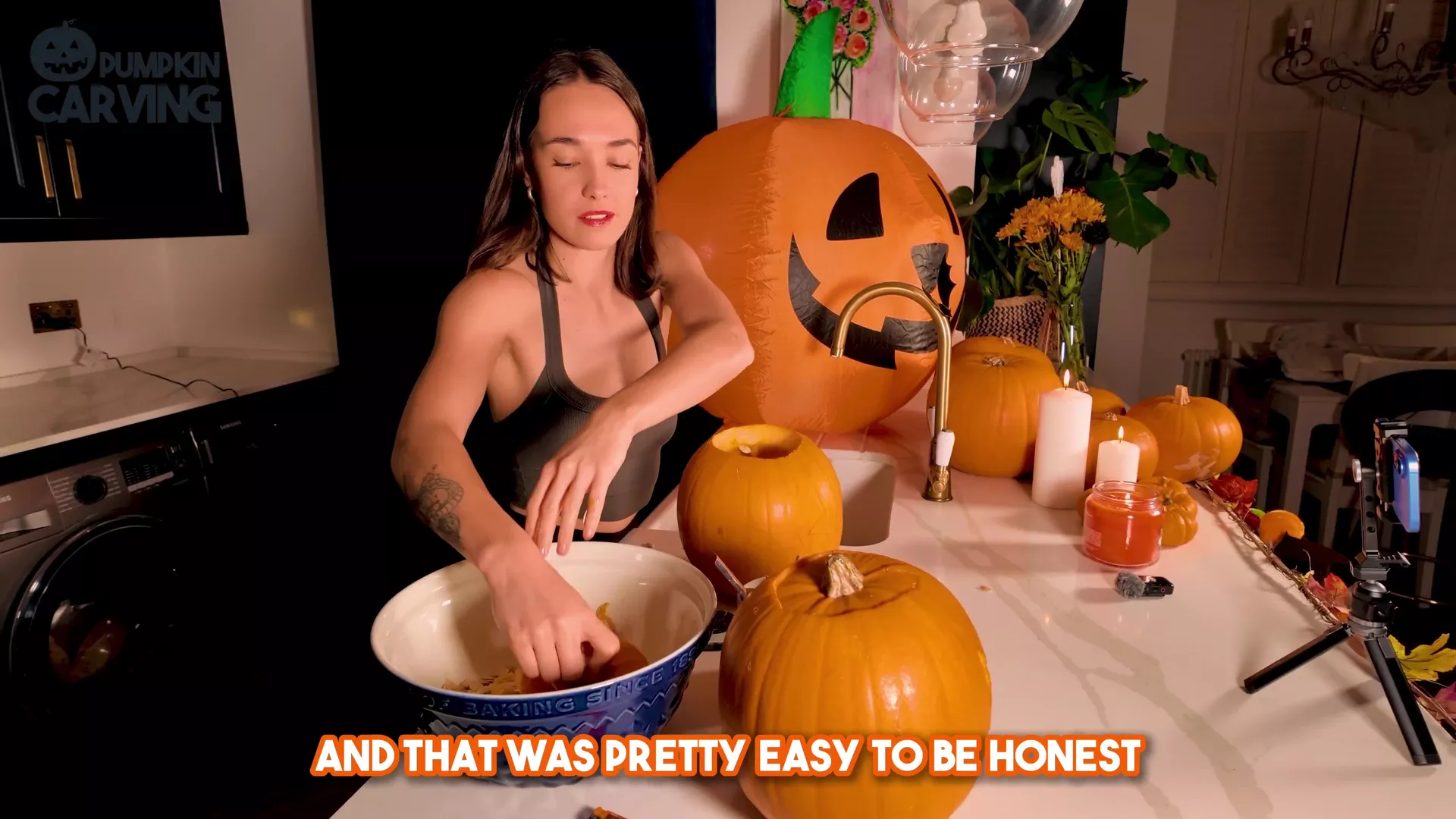 Cheekymz carving a halloween pumpkin naked