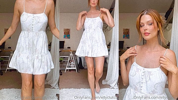 ellyclutch striptease her big tits in her white dress