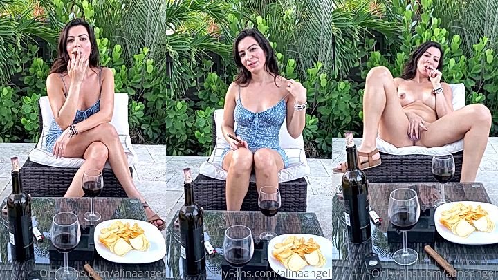 Alina Angel teasing her hot naked body and smoking in the backyard