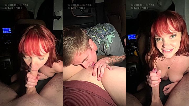 redhead ellyclutch sucking on a big cock in the car backseat