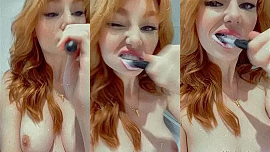 Lacy Lennon brushing her teeht topless