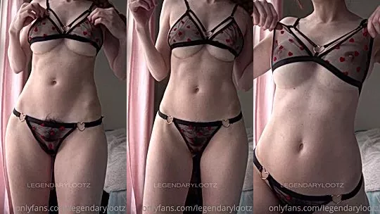 Legendarylootz teasing her hairy pussy in her black see-through lingerie