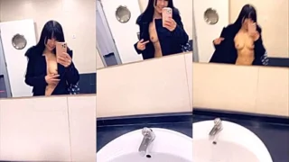 Littlesubgirl flashing her naked body in the public toilet mirror