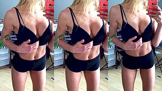 Leolulu playing with tits in her black lingerie in the mirror